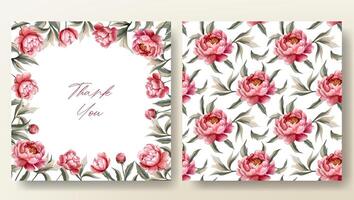 Peony frame. Set of greeting card and seamless pattern with watercolor peonies, wedding invitation. vector