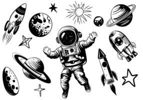 monocromo conjunto de espacio objetos garabatos mano dibujado espacio elementos. vector