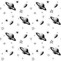 Monochrome seamless pattern with meteor and planet. Space background. Space elements. vector
