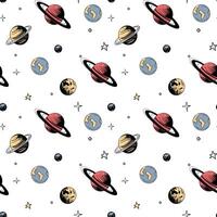 Space background. Seamless pattern with space elements. Hand drawn planets and stars. vector