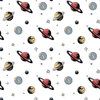 Space background. Seamless pattern with space elements. Hand drawn planets and stars.