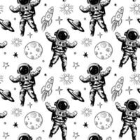 Monochrome seamless pattern with planets and astronaut. Space background. Space elements. vector