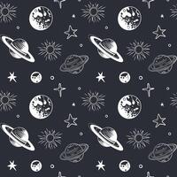 Monochrome seamless pattern with planets and stars. Space background. Hand drawn space elements. vector