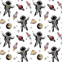Space backgrounds. Seamless pattern with space elements. Hand drawn planets stars and astronaut. vector