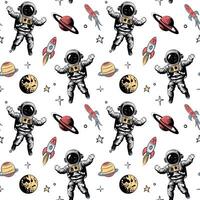 Space backgrounds. Seamless pattern with space elements. Hand drawn planets stars and astronaut. vector
