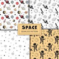 Set of monochrome space patterns. Seamless pattern with planets astronaut and stars. Space backgrounds. vector