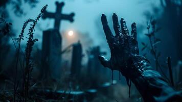 Zombie hand reaching for the cross in the cemetery at night. Halloween concept. photo