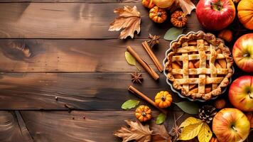 Homemade apple pie on a wooden background with pumpkins and autumn leaves photo
