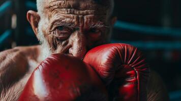 Boxing gloves on a old man Close up. photo
