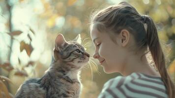 linda pequeño niña abrazando su gato. selectivo atención en gato. foto