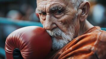 Boxing gloves on a old man Close up. photo