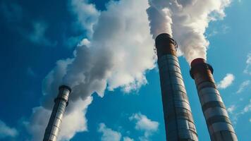 Industrial smoke from chimney of power plant on blue sky background photo