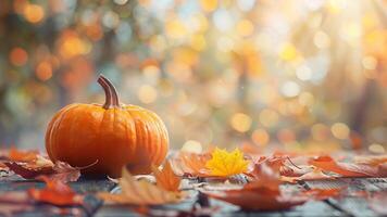 Pumpkin and autumn leaves on a wooden table. Autumn background. photo