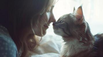 Cute little girl hugging her cat. Selective focus on cat. photo
