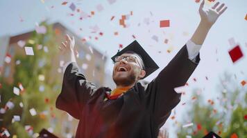 Happy graduate throwing confetti in the air on a background of the city photo