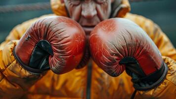 Boxing gloves on a old man Close up. photo