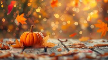Pumpkin and autumn leaves on a wooden table. Autumn background. photo