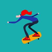 Girl rides a skateboard on a blue background. Skateboard tricks, skateboarding, jumping. vector