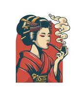 Japanese geisha girl wearing traditional kimono smoking pipe cigar, retro vintage color, white background, logo, emblem, t shirt, artwork hand drawn illustration vector