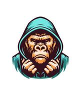 Angry gorilla wearing hoodie ready to fight, retro vintage color, white background, logo, emblem, t shirt, artwork hand drawn illustration vector