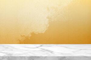 Marble table with nature shadow on fortuna gold concrete wall texture background photo