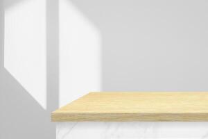 Marble table with wooden top table corner with light beam from window on wall background, photo