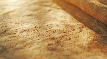 Sunlit closeup of an ancient manuscript. . photo