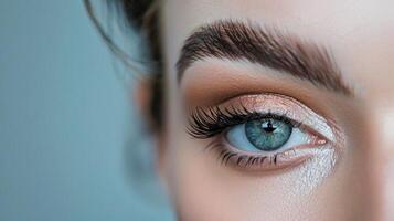 Closeup of make up on a blue eye. . photo