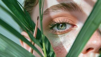 Portrait of a make up eye amidst green botanicals. . photo