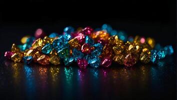 gold glowing, shiny gemstones, multicolored , on a completely black background, to overlay the screen photo