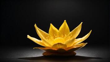 un rayo de luz de sol brilla en un amarillo loto, un flor, esperanza, en un completamente negro antecedentes foto