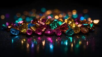 gold glowing, shiny gemstones, multicolored , on a completely black background, to overlay the screen photo