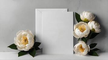 Wedding invitation mockup with white peonies, blank sheet of paper with copy space photo