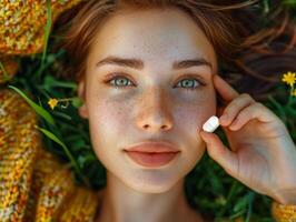 Closeup portrait of young woman holding vitamin pill lying on the meadow grass. Skin care, Health lifestyle photo