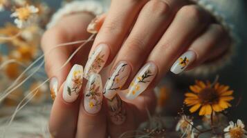 un mujer manos con flores manicura foto