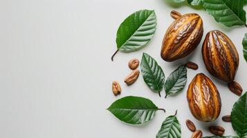 Cacao pods and beans on white background. Top view photo