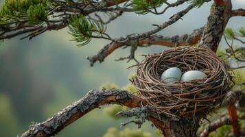 un nido con dos huevos en árbol rama foto