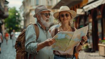 an older couple is looking at a map while walking down a street photo