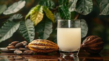 Fresh cacao water in glass and cacao pods with tropical leaves background. Cocoa juice health organic beverage, cold drink photo