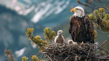 Bald eagle with chick in the nest on mountain background photo