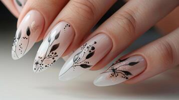 Beautiful Womans hands with spring manicure with flowers. Summer nails desigh photo