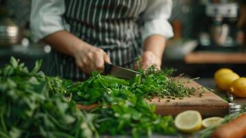 Female chef chopping vegetables and greens on a kitchen. Prepare healthy meal. Organic ingredients for vegetarian dinner, Style of soft focus. Ecological products. photo