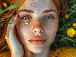 Closeup portrait of beautiful woman with vitamin pill on her cheeks lying on the grass. Health lifestyle, Skincare concept photo