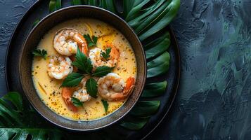 Soup with shrimp and coconut milk and tropical leaves background. Traditional Thai and Asian cuisine. Top view photo