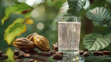 Fresh cacao water in glass and cacao pods with tropical leaves background. Eco-friendly concept of organic beverage photo