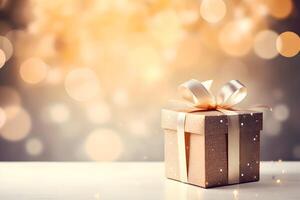 Festive banner with copy space, bokeh lights and gift box photo