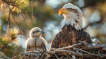 calvo águila con polluelo en el nido foto