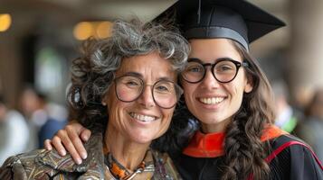 contento graduado abrazando su madre. celebrando graduación día foto