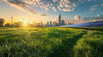 Solar panels and wind turbines in green field near modern town. Eco city concept. Renewable energy, carbon neutrality photo