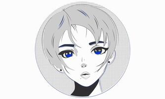 Anime girl watching. Cute manga character with short hair.Japanese hand drawn style.Beautiful young woman face with big eyes in manga style. T-shirt japan print EPS 10 vector
